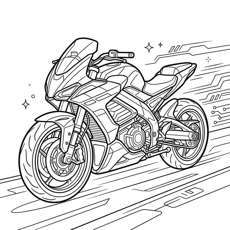 Unleash your creativity with this dynamic electric motorcycle coloring page. Featuring a sleek, futuristic design, it's perfect for anyone who loves modern vehicles and eco-friendly speed.