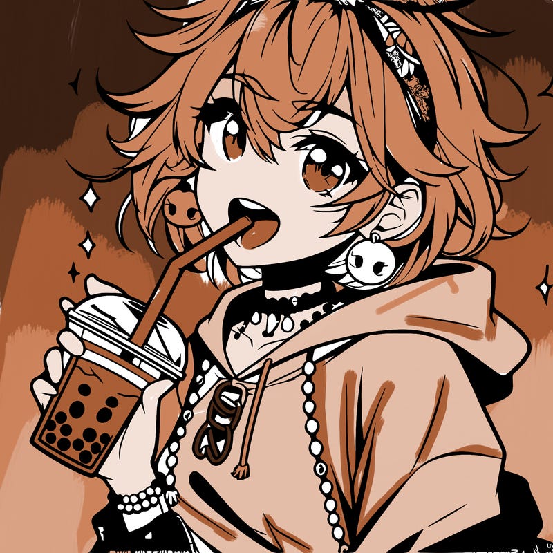hot baddie anime girl drinking boba and biting the straw