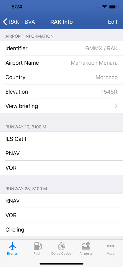 737 Pilot - Detailed airport information for Marrakech Menara in the 737 Pilot app showing runway and navigation data