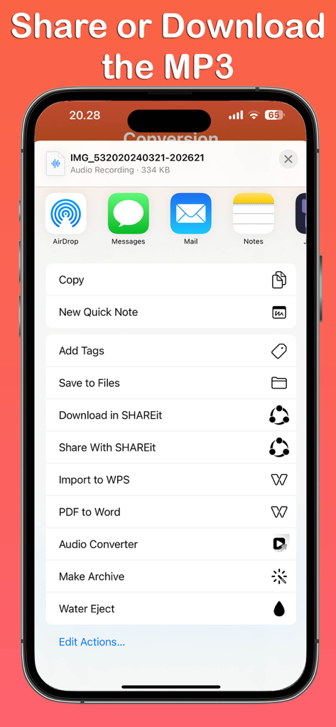 Video to MP3 Converter ~Audio - iPhone画面に、変換されたMP3オーディオファイルを共有またはダウンロードするためのオプションが表示されたiOS共有シートが表示されています