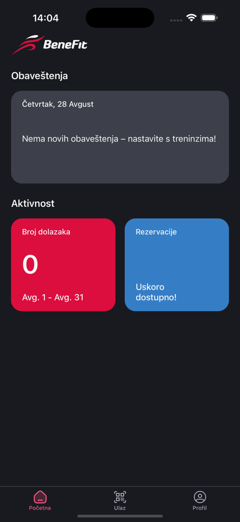 Dashboard dell'app mobile BeneFit+ che visualizza statistiche sulle visite in palestra e notifiche in modalità scura.