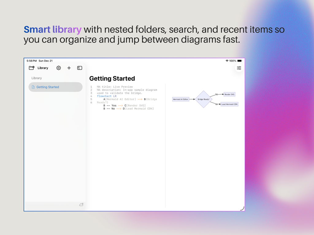 Mermind app interface on iPad showing the smart library and mermaid diagram editor with live preview