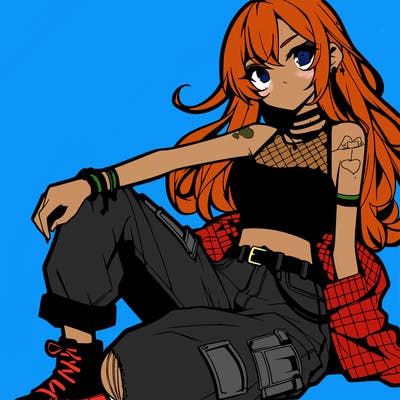 anime girl with a crop top and ripped jeans