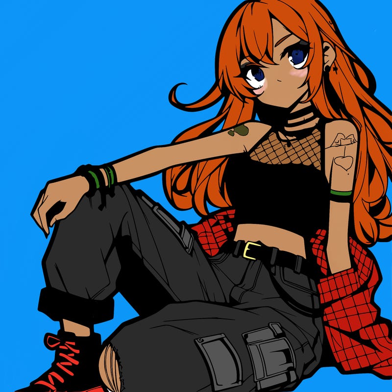 anime girl with a crop top and ripped jeans