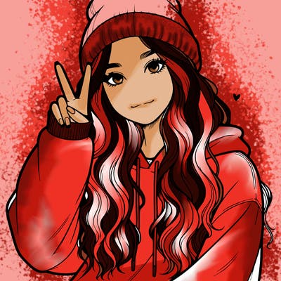 a teenage girl in a beanie, oversized sweatshirt, wavy long hair, and is showing a ✌️