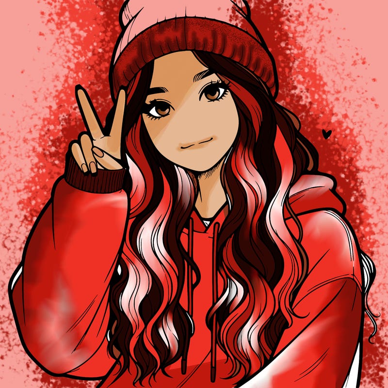 a teenage girl in a beanie, oversized sweatshirt, wavy long hair, and is showing a ✌️