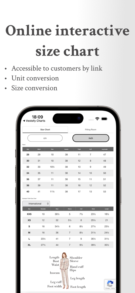 Size Guide Builder | Vestofy - Vestofy mobile App-Oberfläche, die eine interaktive Bekleidungsgrößentabelle mit Einheitenumrechnungsfunktionen anzeigt.