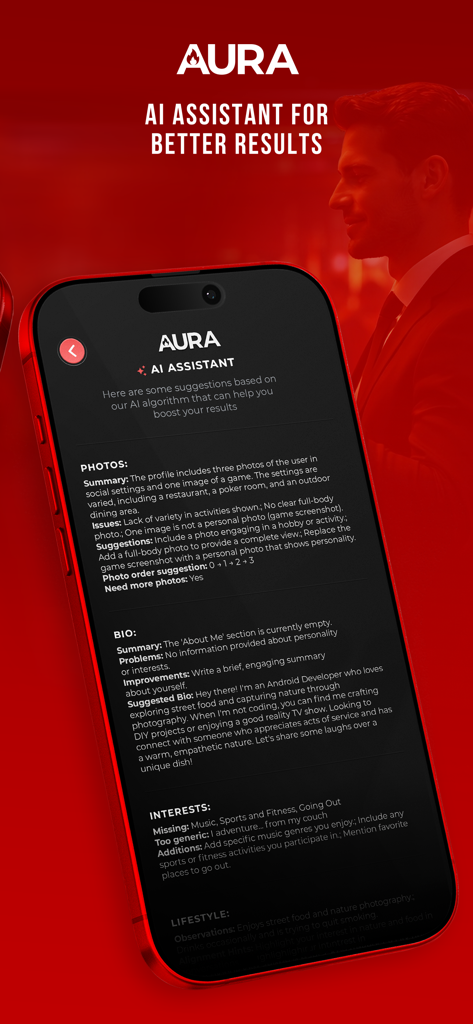 AURA - Premium Dating - AURA dating app screen showing an AI assistant providing personalized feedback on profile photos bio and interests