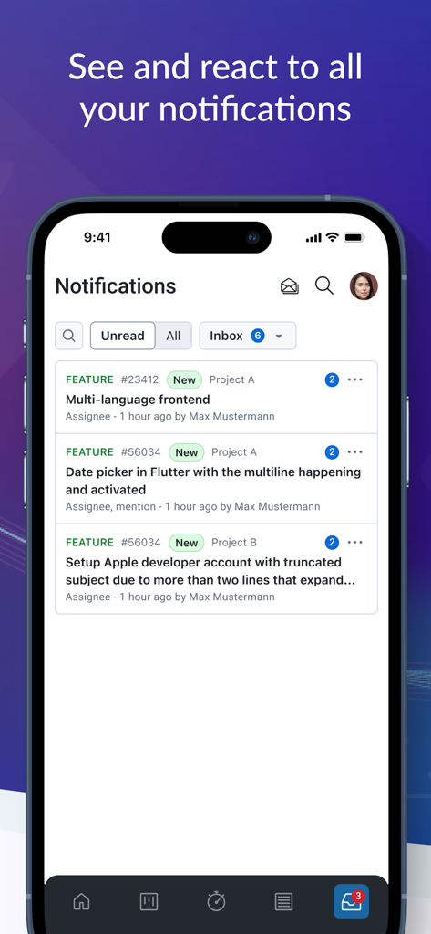 プロジェクトタスクの更新リストが表示されたOpenProjectモバイルアプリの通知インターフェースを示すスマートフォン。