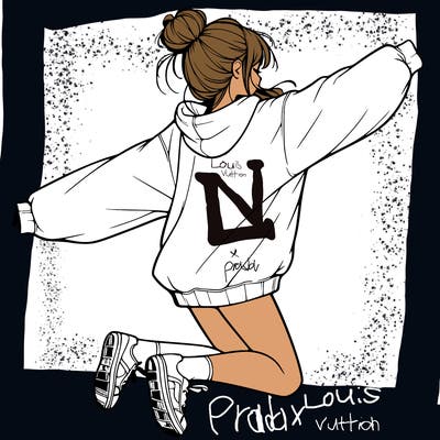 realistic girl jumping with a bun and oversized sweatshirt