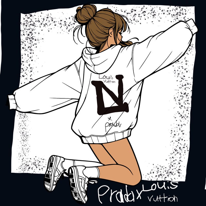 realistic girl jumping with a bun and oversized sweatshirt