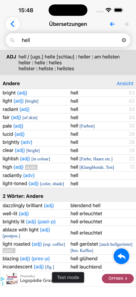 Mobile screen of the dict.cc app displaying English translations for the German word hell