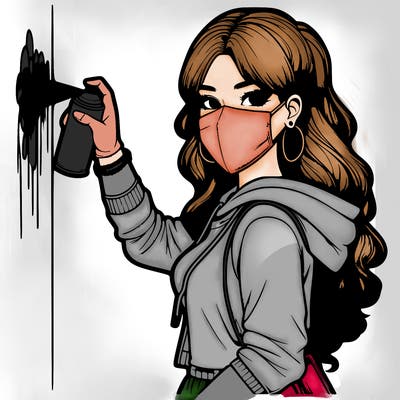realistic girl with mask spray painting a wall