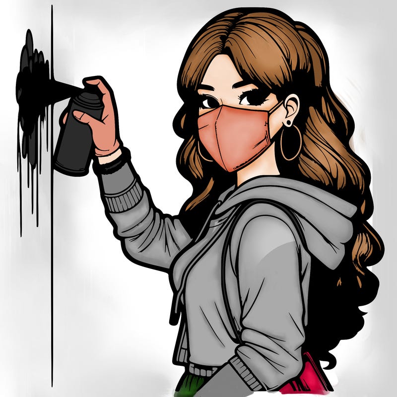 realistic girl with mask spray painting a wall