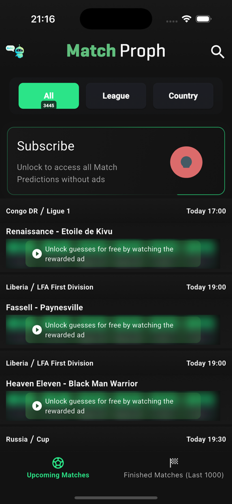 Interface of GOAL365 app showing upcoming global soccer matches and options to unlock AI predictions