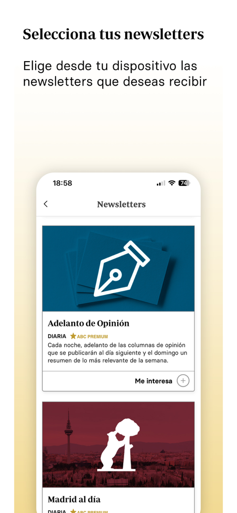 Pantalla de smartphone mostrando la interfaz de suscripción a boletines informativos en la aplicación Diario ABC