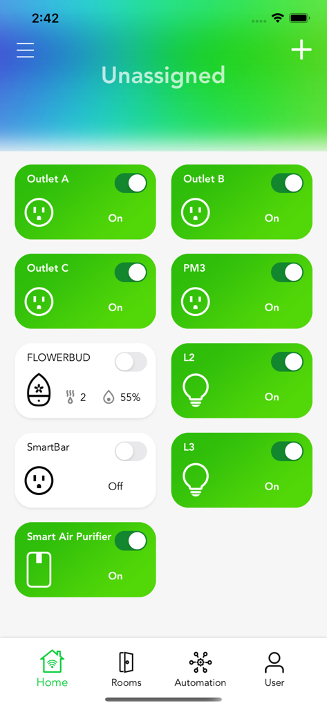 VOCOlinc mobile app home screen showing smart device controls for outlets lights and air purifiers