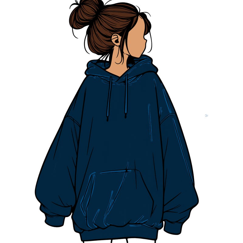 realistic girl with a oversized sweatshirt on and a bun