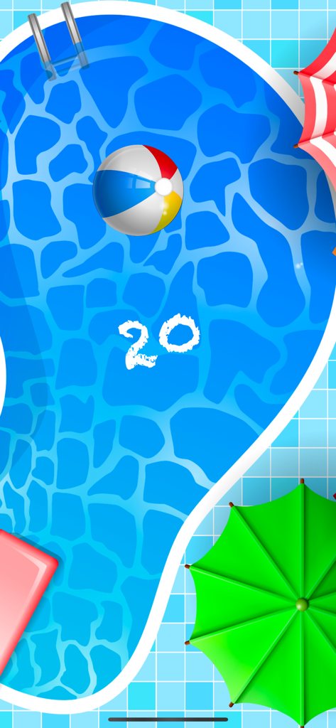 Top down view of a cartoon swimming pool with a colorful beach ball and a score counter