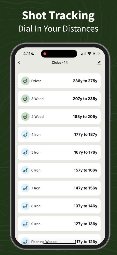 GolfLogix: 3D Golf Course GPS - GolfLogix shot tracking screen showing club yardage ranges for personalized distance mapping