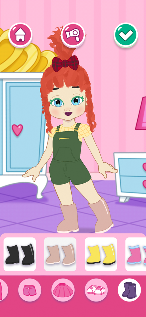 Love Diana Fashion Fabulous - Love Diana character wearing green overalls and choosing boots in a dress up game interface