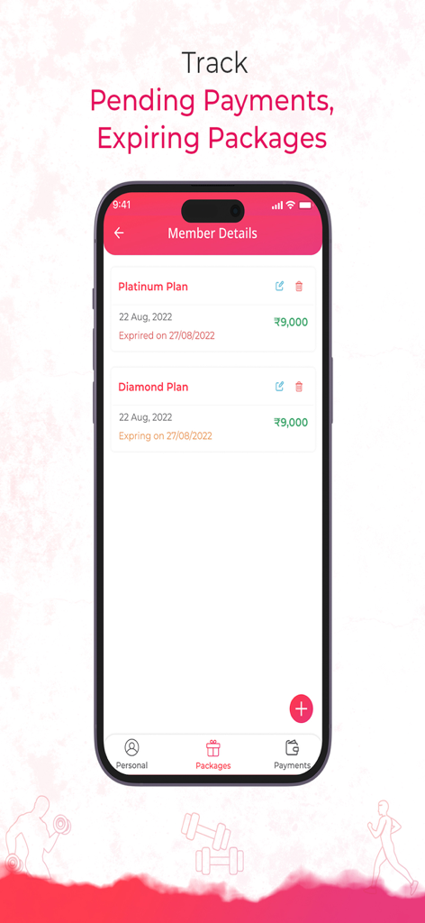 FitnessMaa: Gym Management App - FitnessMaaアプリ画面。ジム会員パッケージと支払い期限の追跡用。