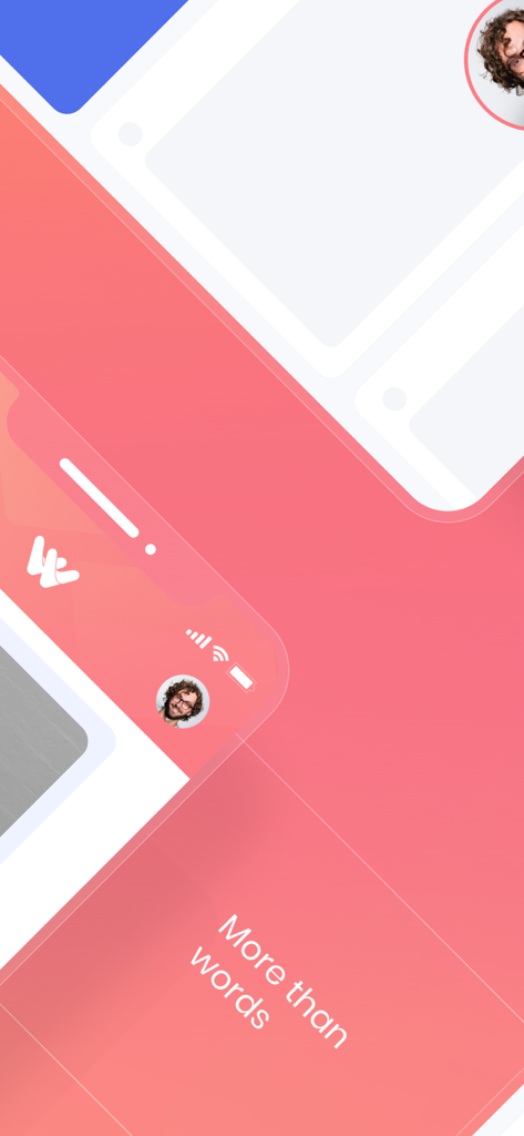 Warm Welcome - Captura de pantalla de la aplicación móvil Warm Welcome mostrando el lema Más que palabras con una interfaz de perfil de video personalizado