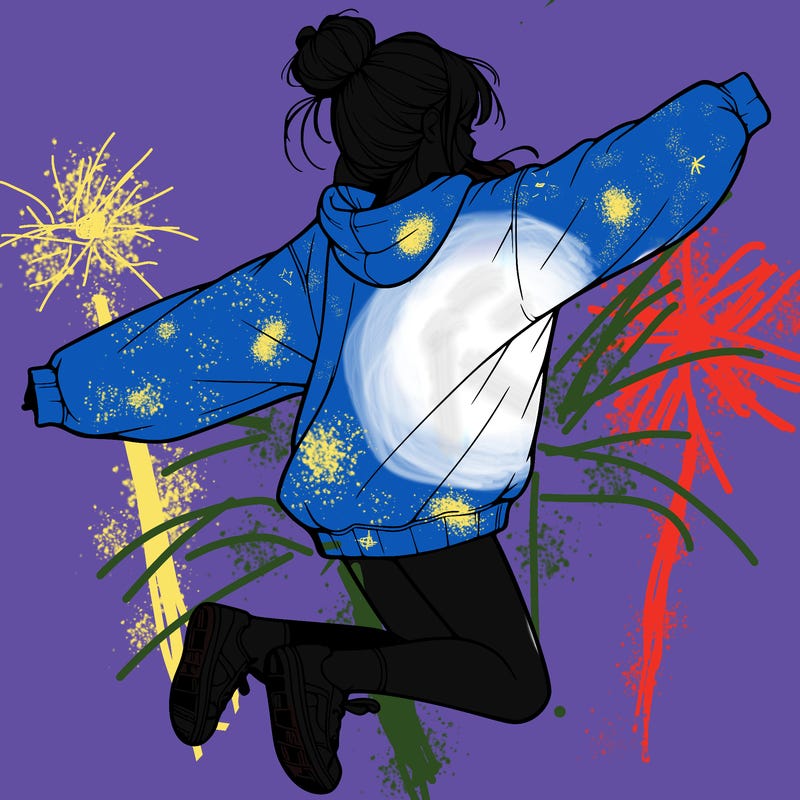realistic girl jumping with a bun and oversized sweatshirt