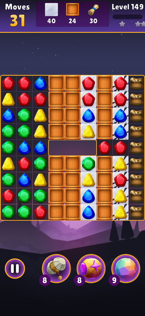 Jewel Quest - Magic Match3 - Gameplay screen of Jewel Quest Magic Match3 showing a jewel puzzle grid and boosters