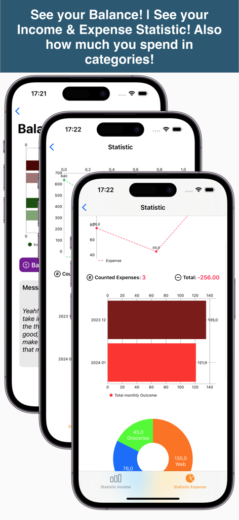 SimpleMoney - Tres pantallas de iPhone que muestran la aplicación SimpleMoney con gráficos de estadísticas de gastos mensuales y desgloses por categoría.