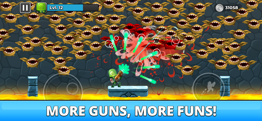 Gameplay screenshot of Mr. Autofire shooting at a massive swarm of flying enemies with a high powered gun
