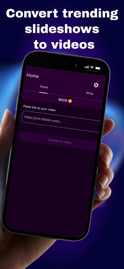 FameTop - Viral Fans Growth - FameTop app interface showing the tool to convert slideshow links into videos for social media