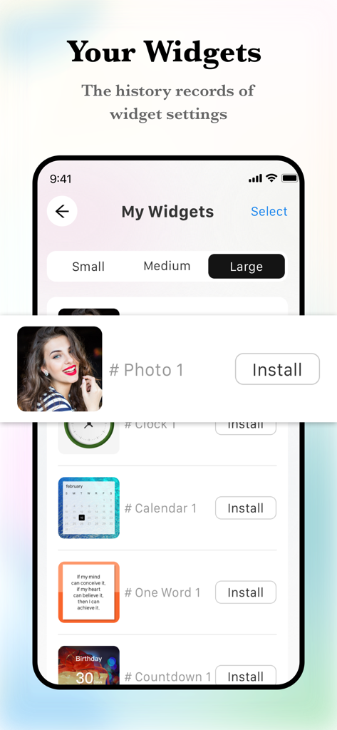 La pantalla Mis Widgets en Coco Widgets que muestra una lista de widgets de fotos, relojes y calendarios personalizados