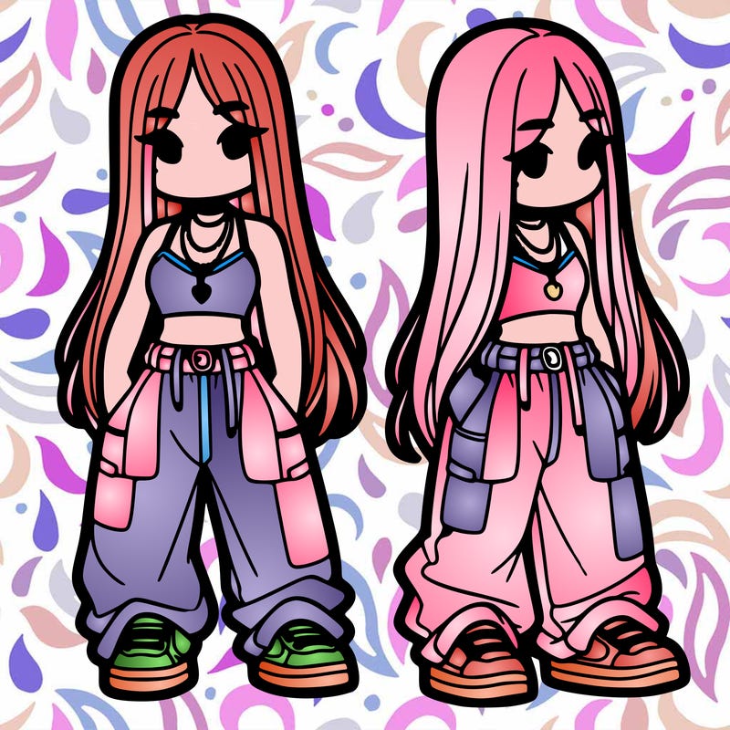 girl in baggy pants crop top and long hair