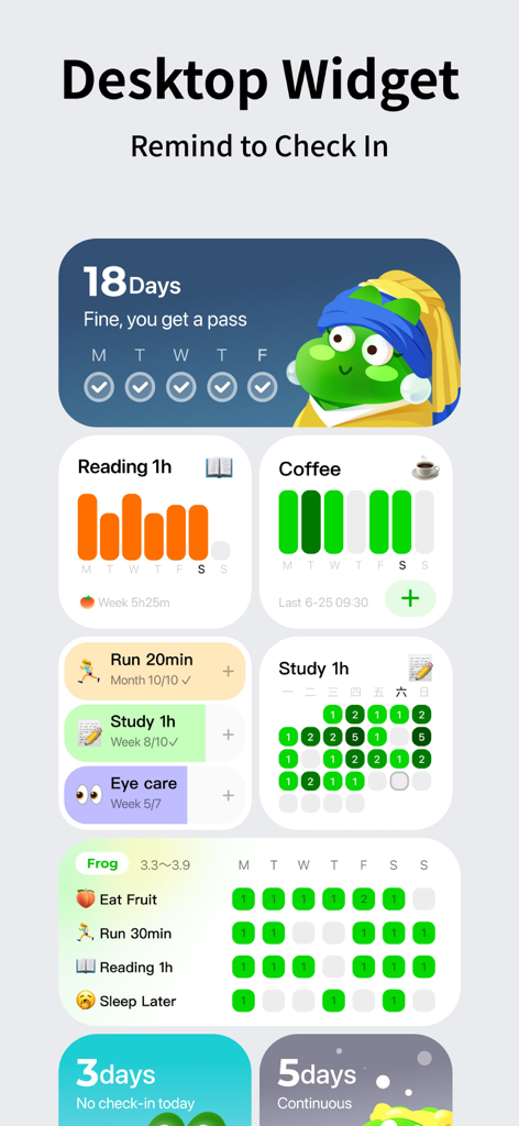 FrogCount - Habit Tracker - A collection of colorful and aesthetic iOS desktop widgets from the FrogCount app showing habit streaks and progress tracking.