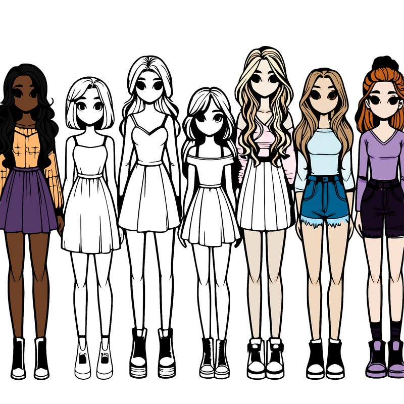 seven realistic girls standing up next to each other