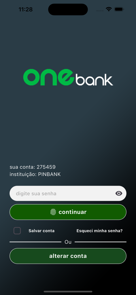 OneBank digital banking app login screen with password field and secure continue button