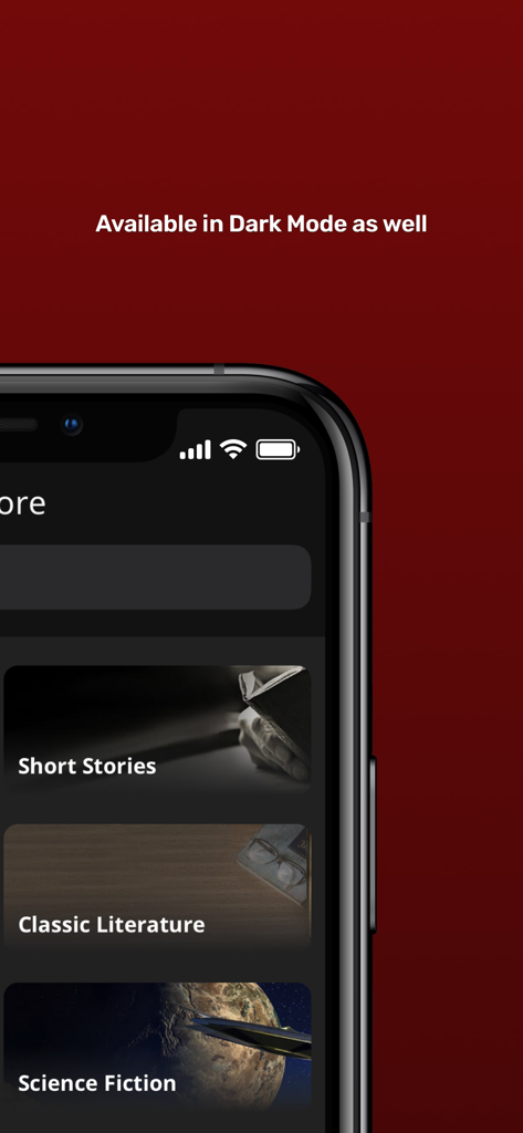 Pratilipi - Books and Stories - Pratilipiアプリのインターフェースのスクリーンショットがダークモードで表示され、短編小説や古典文学のカテゴリが表示されている