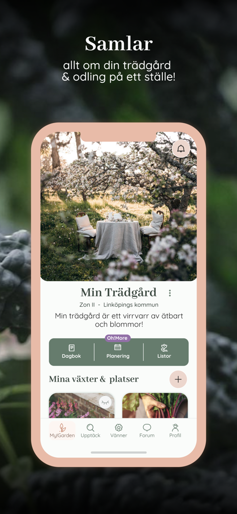 Startbildschirm der Oh Garden mobilen App mit einem digitalen Gartentagebuch und Planungstools