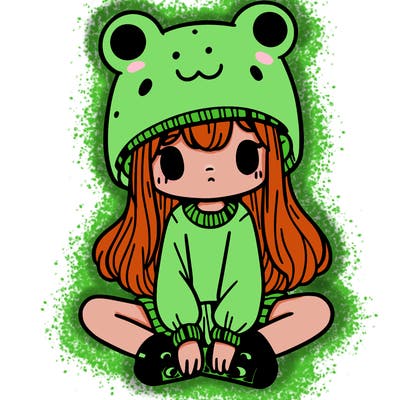 a girl wearing a frog hat and some frog socks