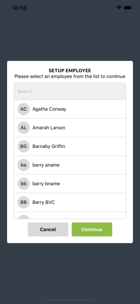 Gig Grafter Punch Clock - Gig Grafter Punch Clock setup screen showing a searchable employee list.