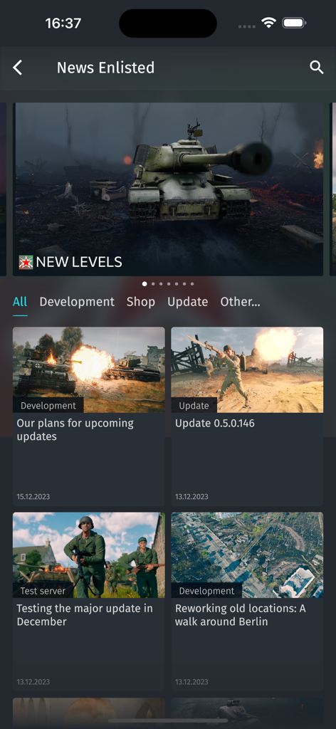 Gaijin Pass - The Enlisted game news feed section within the Gaijin Pass app showing development updates and latest patch notes with military imagery.