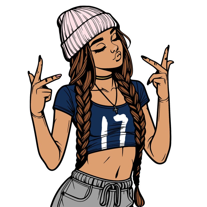 realistic teenage girl with braids and a beanie and crop top doing 🫶🏼