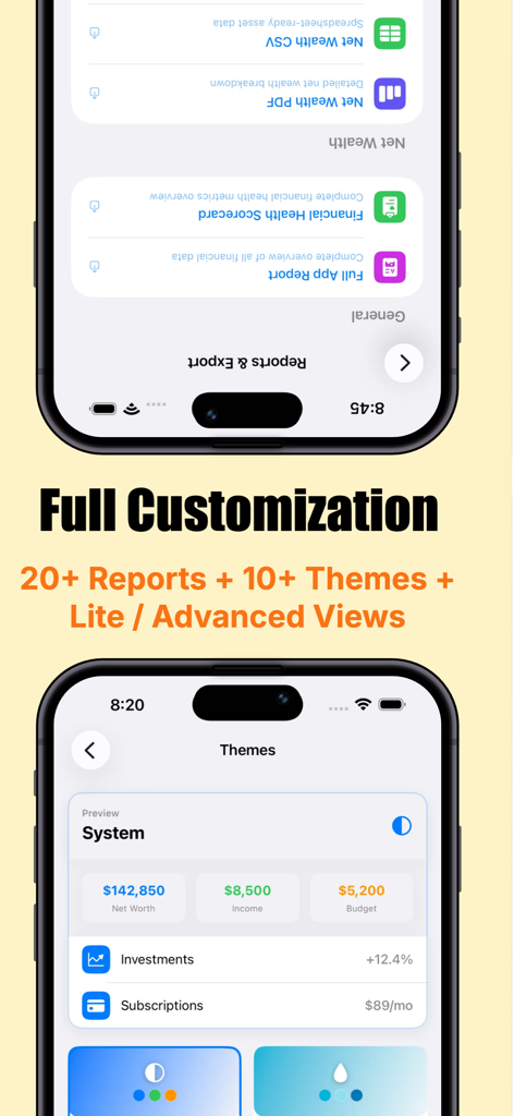 Wealth - All in One Tracker - Schermate dell'app Wealth che mostrano le opzioni di esportazione dei report finanziari e la personalizzazione dei temi della dashboard