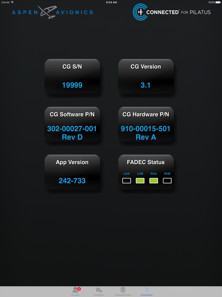 Connected for Pilatus - System information dashboard for Connected for Pilatus app displaying CG status and hardware details.