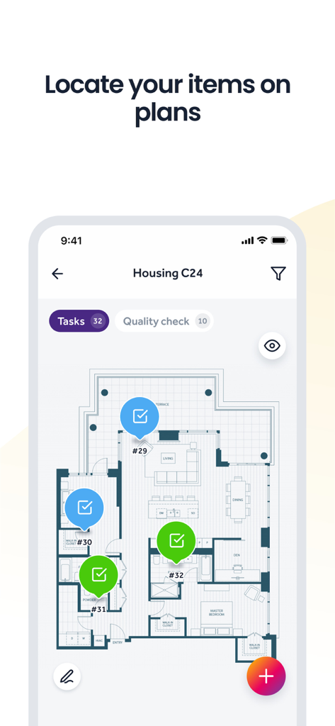 Digital floor plan with task markers in the Finalcad One app