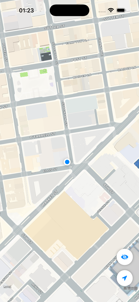 Map view showing city streets and user location for finding restrooms