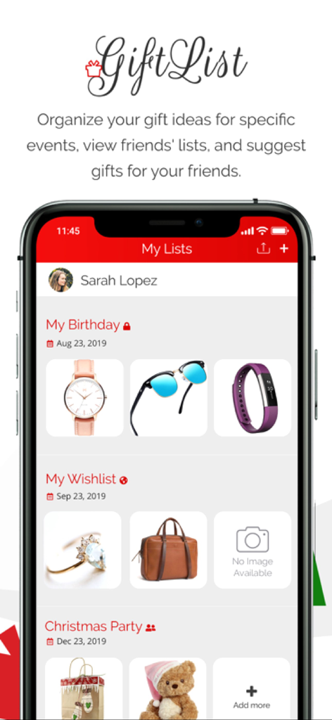 GiftList mobile app interface showing personalized gift lists for birthdays and Christmas events with product images