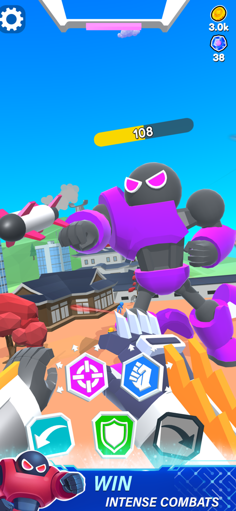 Vista en primera persona de una batalla de robots contra un mecha gigante morado en un entorno urbano