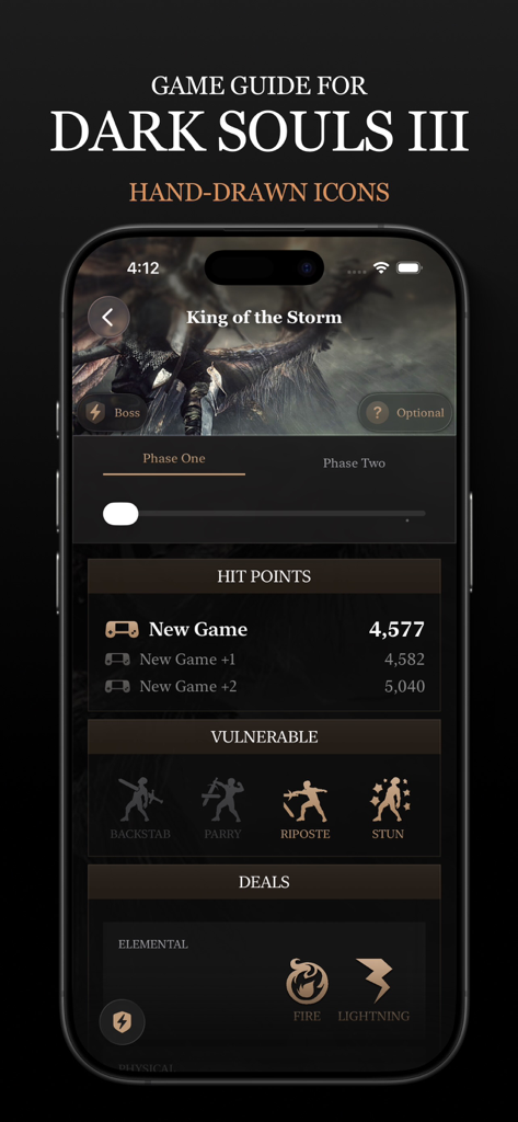 Game Guide for Dark Souls III - Dark Souls III game guide showing King of the Storm boss stats and vulnerabilities with hand-drawn icons.